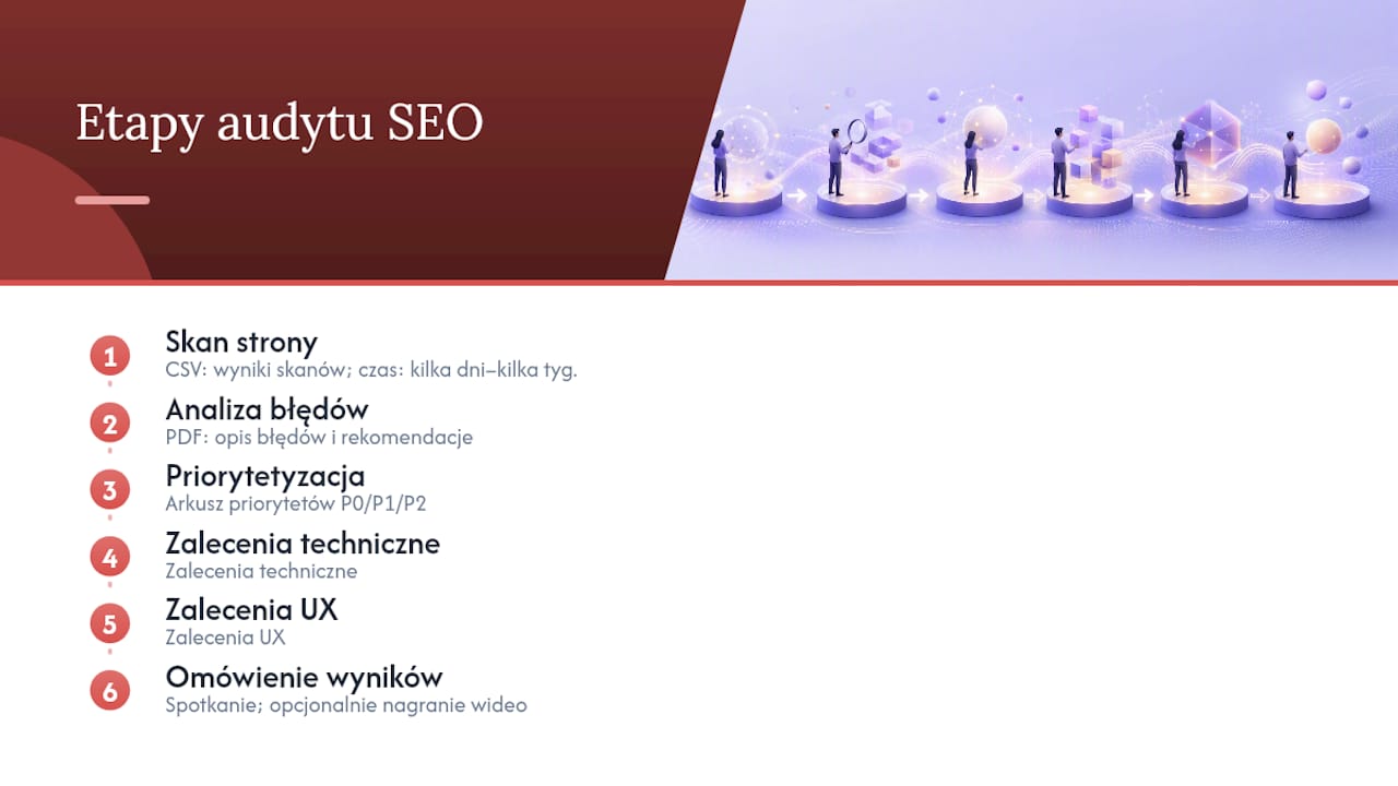 Schemat sześciostopniowego audytu SEO – harmonogram działań krok po kroku